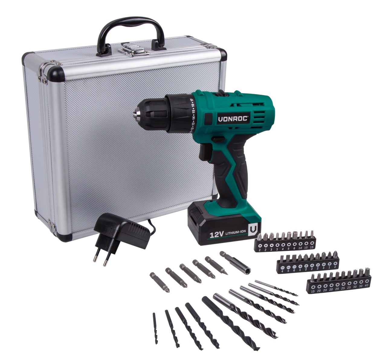 Borrskruvdragre 12V | Inkl. Batteri, laddare och 46 tillbehör